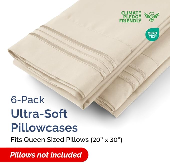 Queen Pillow Cases Set of 6 - Ultra Soft Hotel Quality Pillowcase Covers - Comfy & Wrinkle Free - Shrink, Stain and Fade Resistant - Easy-Care, Machine Washable Pillow Protectors - 6 Pcs Set - Wheat