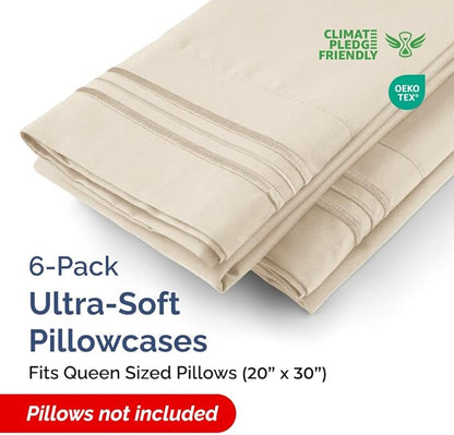 Queen Pillow Cases Set of 6 - Ultra Soft Hotel Quality Pillowcase Covers - Comfy & Wrinkle Free - Shrink, Stain and Fade Resistant - Easy-Care, Machine Washable Pillow Protectors - 6 Pcs Set - Wheat