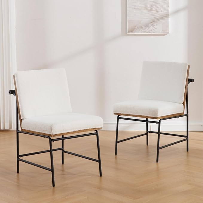Modern Dining Chairs Set of 2, Comfy Sherpa Fabric Armless Upholstered Side Chairs with Wooden Backrest Black Metal Legs for Dining Room Living Room, White