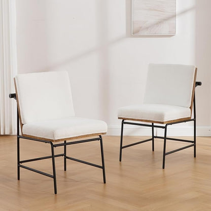Modern Dining Chairs Set of 2, Comfy Sherpa Fabric Armless Upholstered Side Chairs with Wooden Backrest Black Metal Legs for Dining Room Living Room, White