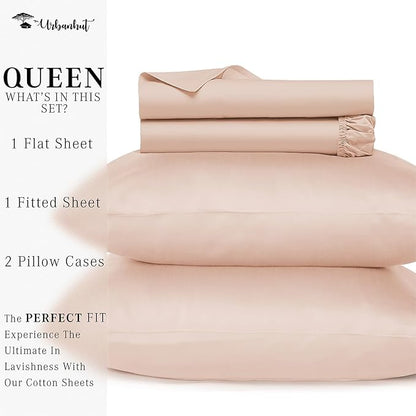 URBANHUT 800 Thread Count 100% Cotton Queen Size Sheets, Luxury 4 Piece Queen Bedsheets, Hotel Sheets Sateen Finish - Better Than Egyptian, 16" Elasticized Deep Pocket - Blush Pink