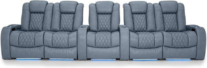 Seatcraft Diamante Zero-Gravity CoolZero Italian Leather Home Theater Seating, Power Headrest, Power Recline, Row of 5 Dual Loveseats, Smokey Blue