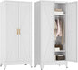 COFaR Metal Wardrobe Cabinet, 71" Farmhouse Storage Cabinet with Hanging Rod, 2 Barn Door, 2 Adjustable Shelves and Legs, for Bedroom, Laundry Room, Cloak Room, Gym, Office, School (White)