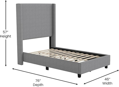 EMMA + OLIVER Nora Twin Size Faux Linen Upholstered Platform Bed with Plush Padded Wingback Headboard (No Box Spring Needed), Modern Upholstered Headboard Twin Bed Frame, Gray