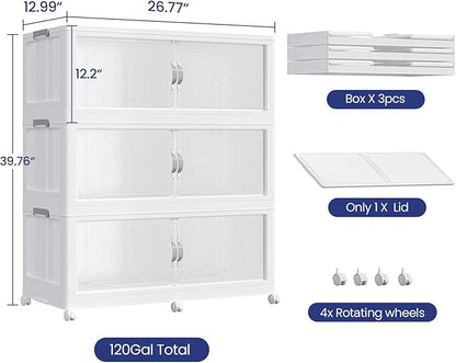 360QT Plastic Stackable Storage Bins with Lid, 90GAL Extra Large Collapsible Box with Wheels Clear Door, Foldable Closet Organizer Container Cabinet Drawer for Home Kitchen，3Pack, White