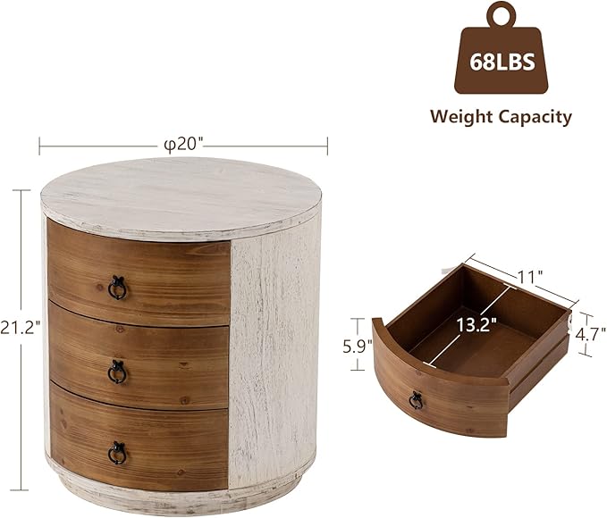 COSIEST 3 Drawer Chest of Drawers, 20 inch MDF Round Storage Cabinet, Retro Whitewash Finish Nightstand, Wood Bedside Table with Drawers for Bedroom Living Room