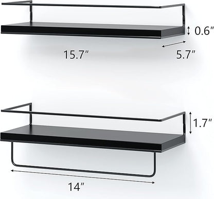 Shario Black Floating Shelves - Set of 2, Wall Mounted Hanging Shelves with Black Towel Rack, Decorative Storage Shelves for Bathroom, Kitchen, Living Room & Bedroom