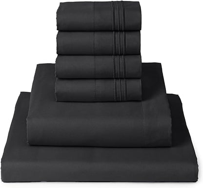 Mellanni Queen Sheet Set - 6-Piece Iconic Collection Bedding, (Including 4 Pillowcases), 16-Inch Deep Pocket, Easy Care, Extra Soft, Cooling Sheets, Brushed Microfiber - Black