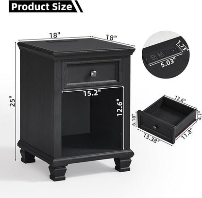 SAVOR LIFE Farmhouse End Tables Living Room with Drawer, Rustic Wood Nightstand with Charging Station, Bedside Table with Open Shelf for Bed Room, Living Room, Black
