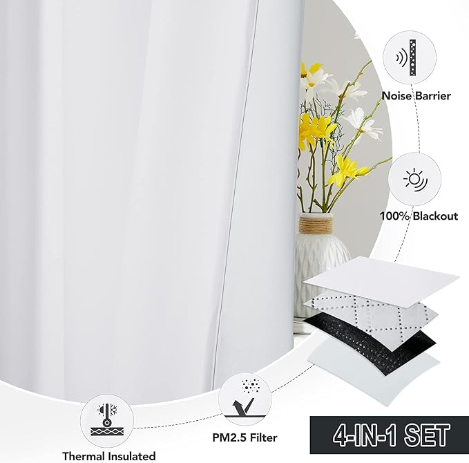 RYB HOME Dustproof Curtains for Large Window, Soundproof Thermal Insulated Blackout Curtains for Sliding Glass Door Furance Office Dorm Bedroom Living Room, White, W62 x L84 inch, 2 Panels