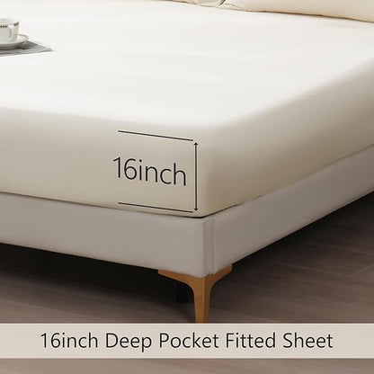 Linen World King Size 400TC Cooling Bed Sheet Set - 100% Organically Grown Viscose Sheets, Silky Soft & Breathable, Deep Pocket Fits Up to 16", 4-Piece Sheets with Pillowcases,Creamy