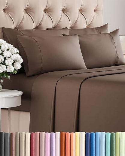 Queen 6 Piece Sheet Set - Cooling, Comfy & Breathable - Hotel Luxury Bedding, Includes Fitted Sheet for Women, Men, Kids and Teens - 1 Flat, 1 Fitted Sheet, 4 Pillowcases with Deep Pockets - Brown