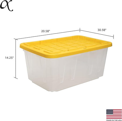 CX BLACK & YELLOW, 27-Gallon Heavy Duty Clear Storage Container & Snap-Tight Lid, Clear & Yellow (14.3H x 20.6W x 30.6D), Weather-Resistant, Stackable, See-Through Organization Tote [2 Pack]