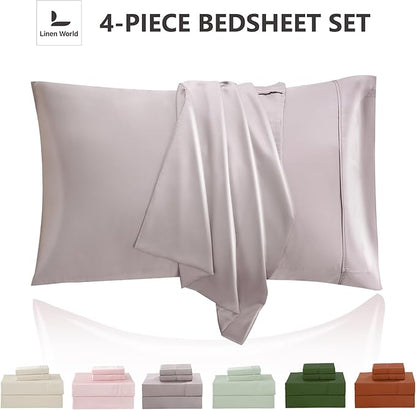 Linen World Queen Size 400TC Cooling Bed Sheet Set - 100% Organically Grown Viscose Sheets, Silky Soft & Breathable, Deep Pocket Fits Up to 16", 4-Piece Sheets with Pillowcases, Mauve