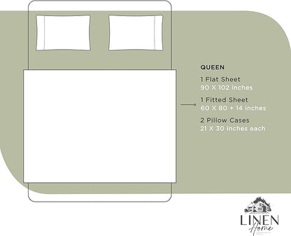 Linen Home 100% Cotton Percale Sheets Queen Size, Sage, Deep Pocket, 4 Pieces Set - 1 Flat, 1 Deep Pocket Fitted Sheet and 2 Pillowcases, Crisp Cool and Strong Bed Linen