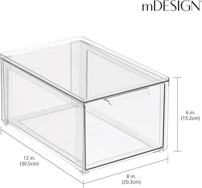 mDesign Plastic Stackable Bathroom Storage with Pull Out Bin Organizer Drawer for Cabinet, Vanity, Shelf, Cupboard, Cabinet, or Closet Organization - Lumiere Collection - 2 Pack - Clear