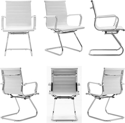 Wahson Office Guest Chairs Set of 10, Leather Reception Chairs, Mid Back Waiting Room Chair, Conference Chairs with Sled Base, Desk Chair No Wheels for Meeting/Lobby/Restroom, White