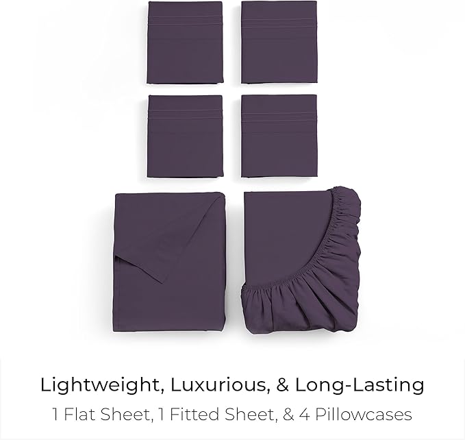 Mellanni Full Sheet Set - 6-Piece Iconic Collection Bedding, (Including 4 Pillowcases), 16-Inch Deep Pocket, Easy Care, Extra Soft, Cooling Sheets, Brushed Microfiber - Purple