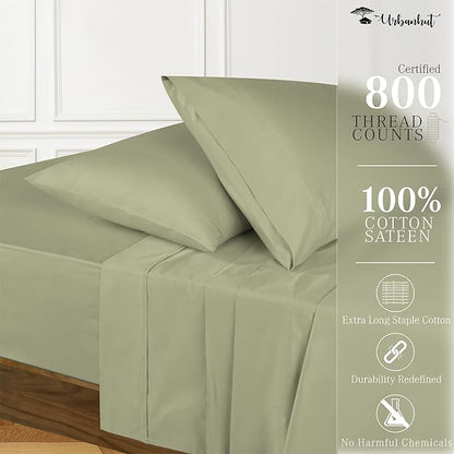 URBANHUT 800 Thread Count 100% Cotton Queen Size Sheets, Luxury 4 Piece Queen Bedsheets, Hotel Sheets Sateen Finish - Better Than Egyptian, 16" Elasticized Deep Pocket - Sage