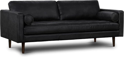POLY & BARK Napa 88.5" Leather Sofa – Full-Grain Italian-Tanned Aniline Leather, Feather-Down Comfort, Solid Wood Frame, Walnut Legs, Onyx Black