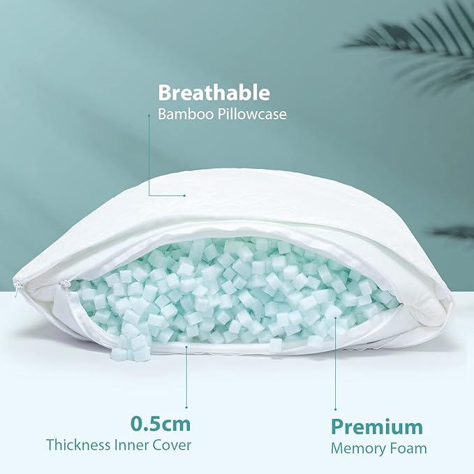Shredded Memory Foam Pillows for Sleeping, Adjustable Pillows King Size Set of 2, Good for Side, Back Sleeper with Washable Cooling Cover