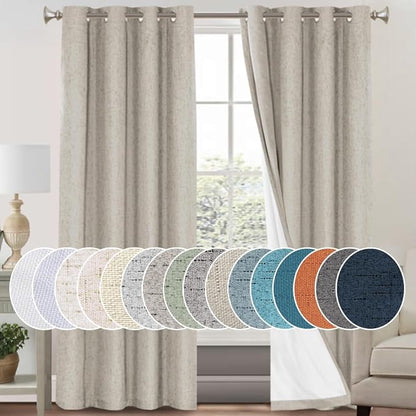PrinceDeco 100% Blackout Curtains Linen Blackout Curtains 84 Inches Long for Dining Room Grommet Soundproof Window Treatment Drapes for Hall Room, 52" Wide Per Panel, Set of 2，Cobblestone