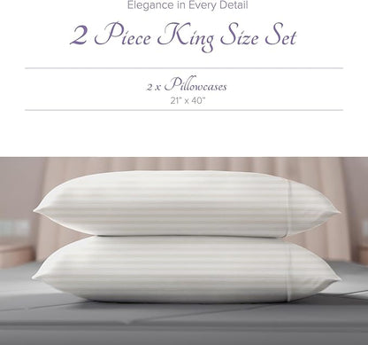 Carressa Linen 100% Egyptian Cotton King Size Pillow Cases Set of 2 - Luxury 600 Thread Count Stripe Ivory King Pillowcases, Soft, Cooling Breathable Sateen Weave Hotel Quality Damask Pillow Cover