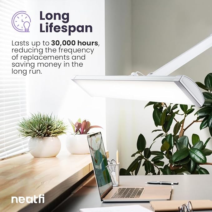 Neatfi Ultra 3,500 Lumen LED Desk Lamp, 45W, 26-Inch Wide Metal Shade, 270 SMD LEDs (Non-CCT with Clamp, White)