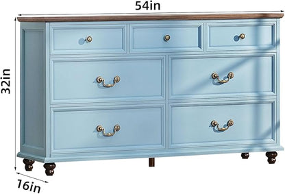 Farmhouse Furniture Set, Nightstands Set of 2 and 7 Drawers Dresser for Bedroom, 54 Inch Wide Wood Dresser and 24" Night Stands with Charging Station for Bedroom, Living Room, Hallway