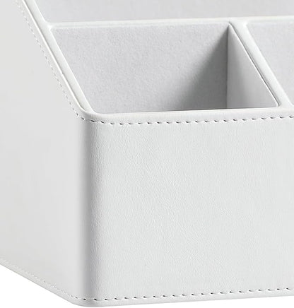 MEIBOOCH PU Leather Desk Organizer, Luxury Remote Control Holder for Home, Office Desk Accessories Table Caddy Bedside Nightstand Organizer (White)