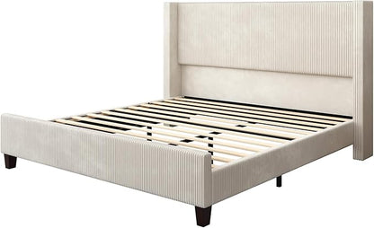 AMERLIFE Queen Size Upholstered Bed Frame with 50.8" Tall Headboard, Wingback Platform Bed with Solid Wood Legs, Wooden Slats, Corduroy/No Box Spring Needed/Noise Free/Cream