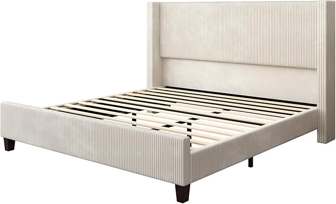 AMERLIFE California King Size Upholstered Bed Frame with 50.8" Tall Headboard, Wingback Platform Bed with Solid Wood Legs, Wooden Slats, Corduroy/No Box Spring Needed/Noise Free/Cream