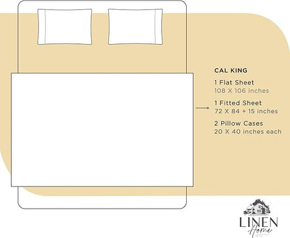 Linen Home 100% Cotton Percale Sheets California King Size, Ivory, Deep Pocket, 4 Pieces Set - 1 Flat, 1 Deep Pocket Fitted Sheet and 2 Pillowcases, Crisp Cool and Strong Bed Linen