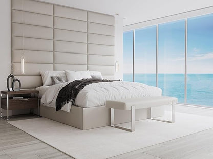 VANT Upholstered Bed Bench - Zigrino Oyster - Burnished Brass - Contemporary Modern, Bedroom Bench Seat, Hallway, or Entryway