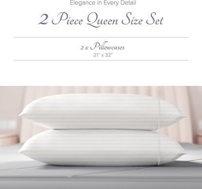 Carressa Linen 100% Egyptian Cotton Pillow Cases Queen Size Set of 2 - Luxury 600 Thread Count Stripe Ivory Standard/Queen Size Pillowcases, Silky Soft, Cooling Hotel Quality Damask Pillow Cover