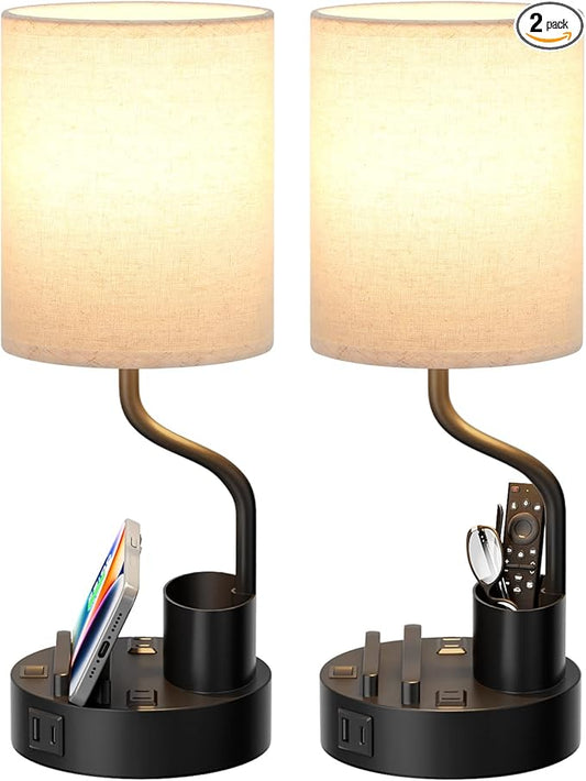 Bedside Table Lamps for Bedroom Set of 2 - Nightstand Light with AC Outlet and USB A & C for Charging, 3 Color Temperatures, Study Desk Lamp with Pen Holder & Phone Stand for Living Room/Dorm/Office