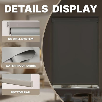 HESTIA No Drill Cordless Blackout Roller Shades Screwless Waterproof Shower Window Blinds, Auto-Retraction Easy Install Blind for Bathroom/Kitchen/Office/Exterior, Grey, 47.5" W x 72" H