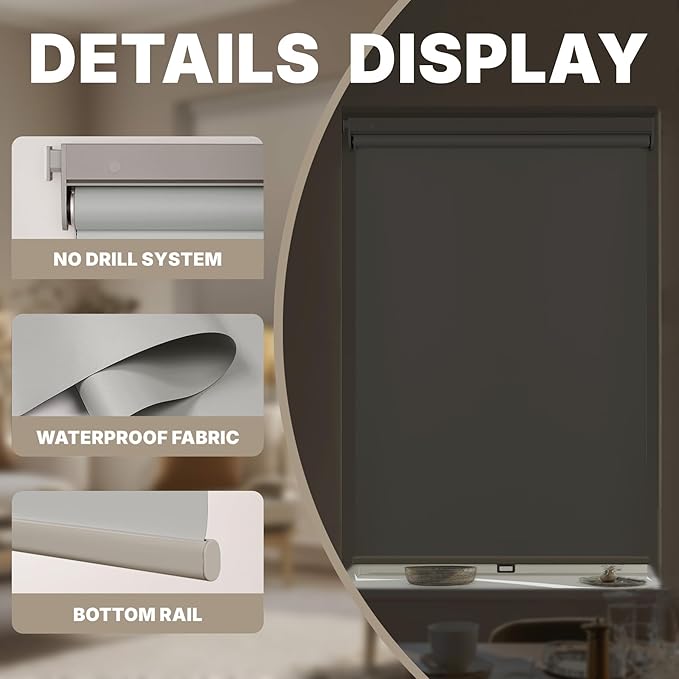 HESTIA No Drill Cordless Blackout Roller Shades Screwless Waterproof Shower Window Blinds, Auto-Retraction Easy Install Blind for Bathroom/Kitchen/Office/Exterior, Grey, 58" W x 72" H