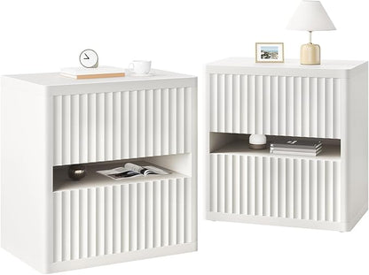 Dripex Fluted Nightstand with 2 Drawers, Large Wide Wood Night Stand Bedside Tables for Bedroom, Mid-Century Modern Storage Bed Side Table, End Tables for Living Room Sofa Couch, White, Set of 2