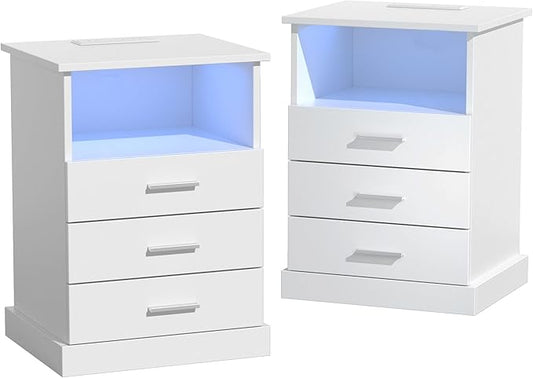 Halitaa Nightstand with Charging Station, LED Lights Side Table with 3 Drawers, End Table for Bedroom Ofiice White 2 Set
