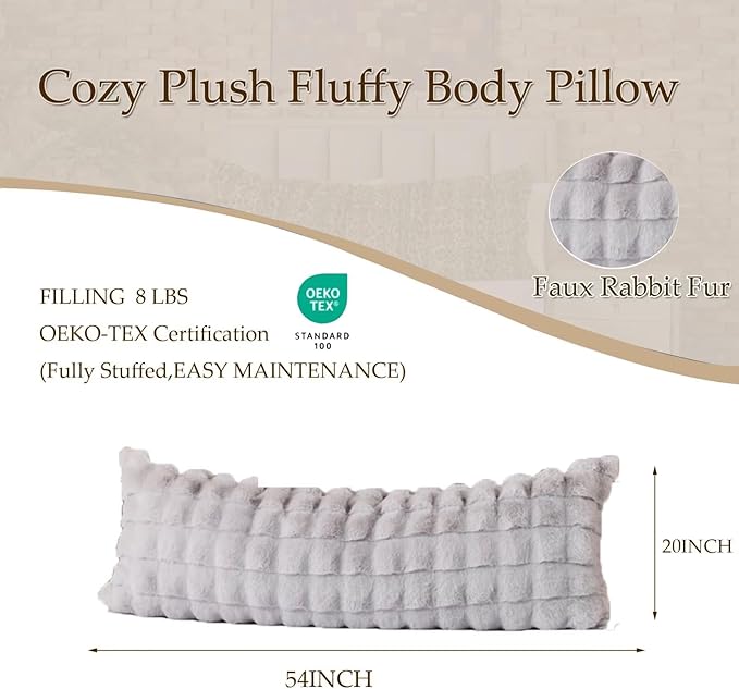 Luxury Shaggy Faux Fur Body Pillow,Fluffy Bed Pillow with Zipper Closure,Soft Decorative Plush Full Long Pillows,Fuzzy Hug Pillow for Living Room Side Sleeper & Pregnancy 20"x54" Grey Chocolate