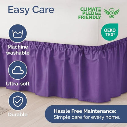 Wrap Around Dust Ruffle Bed Skirt - Purple - for Queen Size Beds with 24 Inch Drop - Easy Fit Elastic Strap - Adjustable Pleated Bedskirt w/Brushed Fabric Wrinkle Free - for Women, Men, Kids & Teens