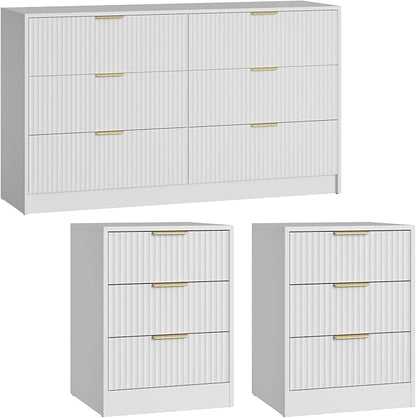 55" Long Dresser and Nightstand Set 3-Piece, 6 Drawer Dressers & Night Stand Set of 2 with Metal Handle, Fluted Modern Wood Chest of Drawers Storage Dressers Set for Bedroom, White