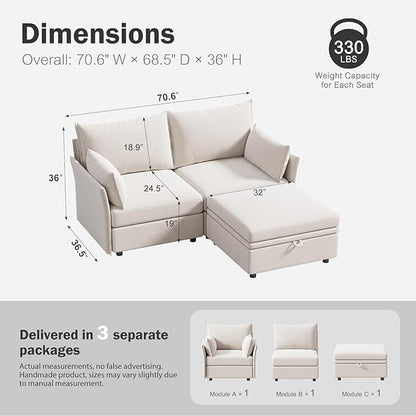 ABCASA Luxury Modular Sectional Sofa, L-Shaped 3-Seat Couch with Storage Ottoman Deep Seat & Reversible Chaise Lounge Chenille White for Compact Spaces, Apartments, Dorm