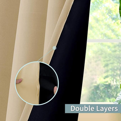 BGment Thermal Insulated 100% Blackout Curtains for Bedroom with Black Liner, Double Layer Full Room Darkening Noise Reducing Grommet Curtain (52 x 72 Inch, Beige, 2 Panels)