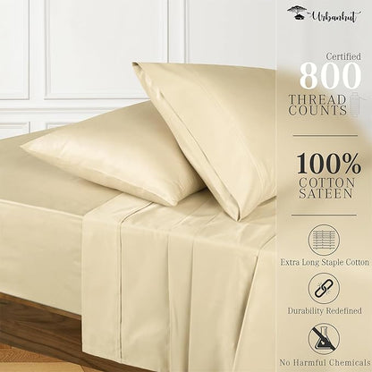 URBANHUT 800 Thread Count 100% Cotton California King Size Sheets, Luxury 4 Piece Cal King Bedsheets, Hotel Sheets Sateen Finish - Better Than Egyptian, 16" Elasticized Deep Pocket - Sand