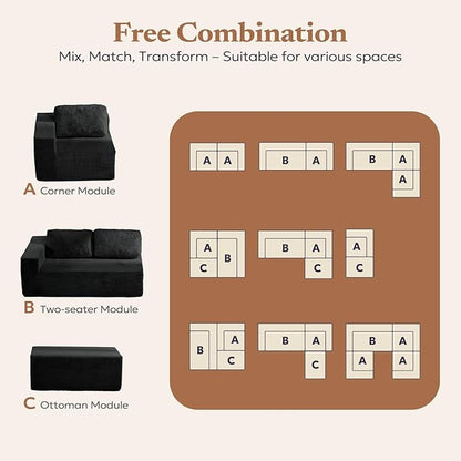 40" Modular Upholstered Foam Couch, Upholstered Floor Sofa Couch with Pillow, Single Sofa for Bedroom Living Room, No Assembly Required (Corduroy Fabric, Black)