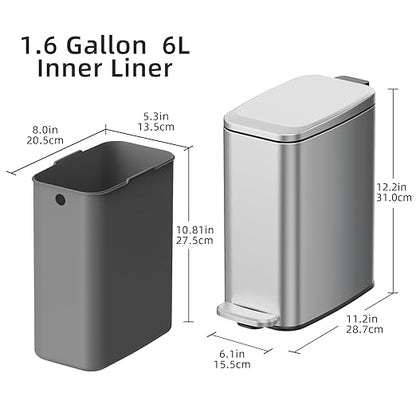KUK Slim Bathroom Trash Can with Lid, 1.6 Gal / 6L Stainless Steel Small Garbage Bin with Detachable Inner Bucket, Step Pedal, Silent Close, Wastebasket for Toilet, Bedroom, Home, Office (Silver)