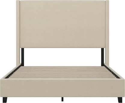 EMMA + OLIVER Nora Queen Size Faux Linen Upholstered Platform Bed with Plush Padded Wingback Headboard (No Box Spring Needed), Modern Upholstered Headboard Queen Bed Frame, Beige