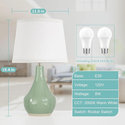 Seealle Modern Green Table Lamps Set of 2 - Bedside Lamps for Night Stands, 19.4" Bedroom Lamps for Living Room Sage Green Lamps with Rocker Switch